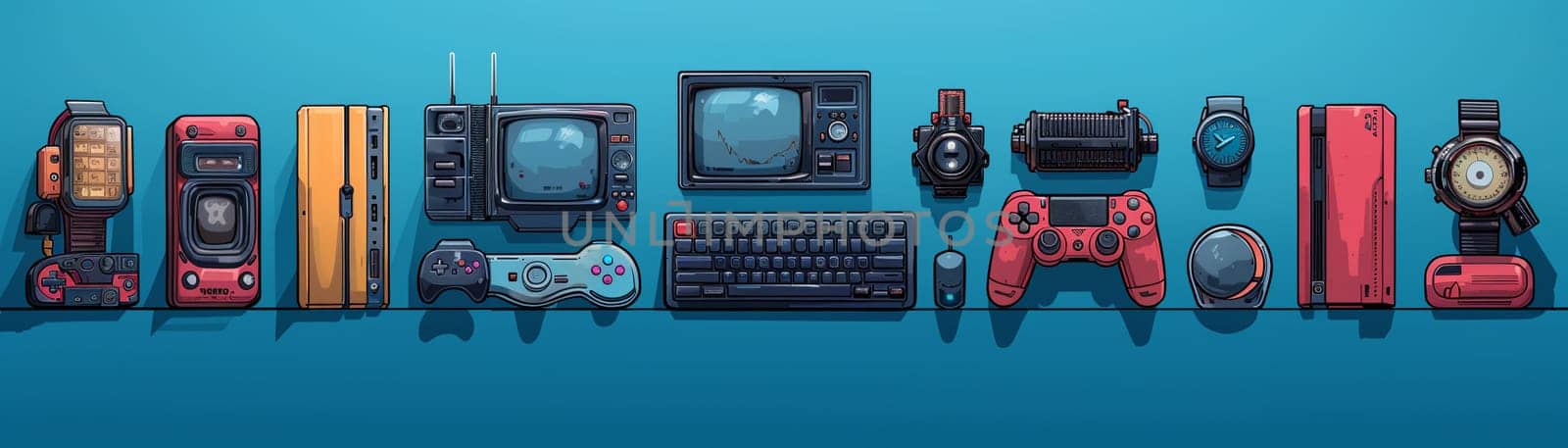 Cartoon gadgets and gizmos, designed with cute and bright stock illustrations for tech themes.