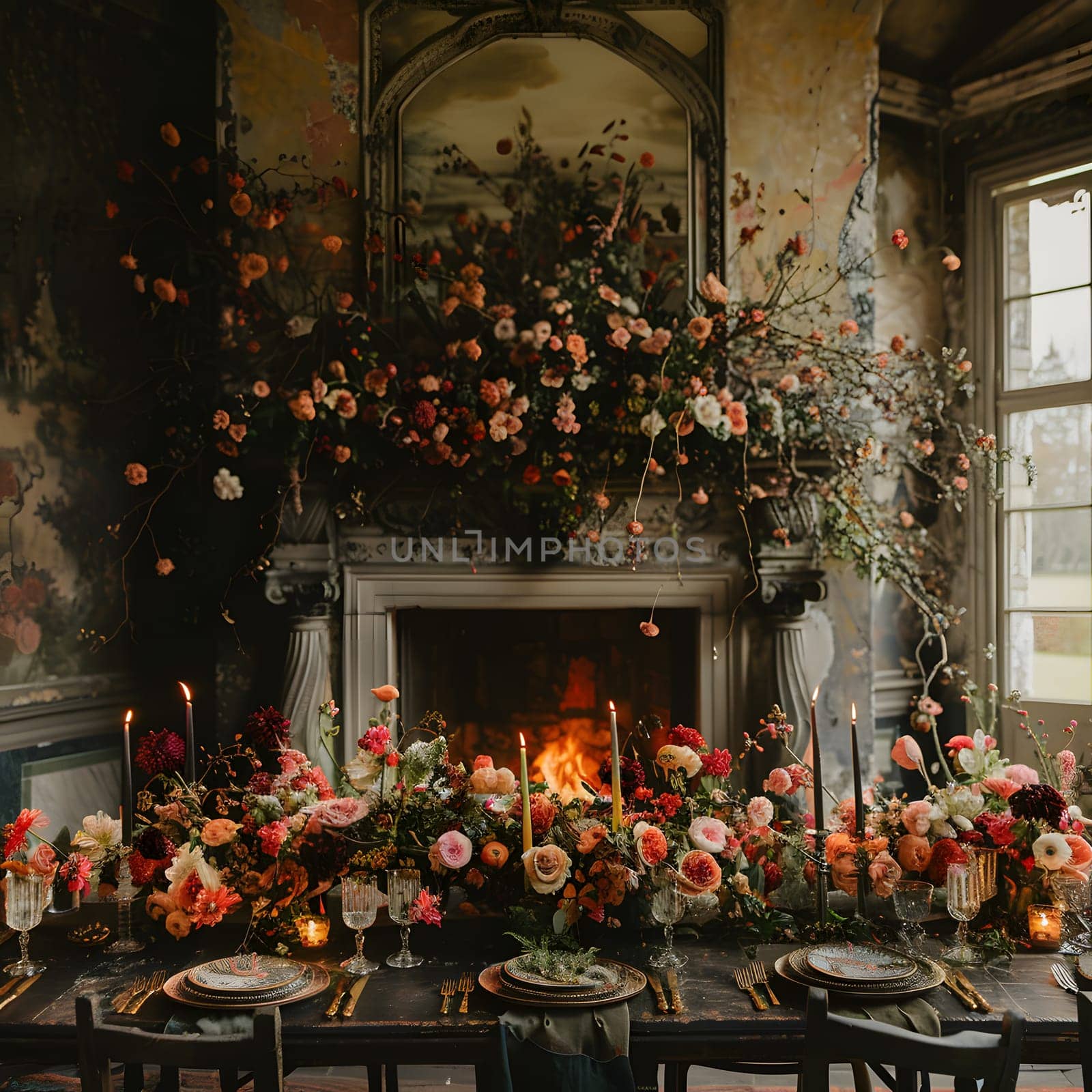 A creative floral design featuring plates, candles, and flowers arranged in front of a fireplace, creating a beautiful centerpiece for any event