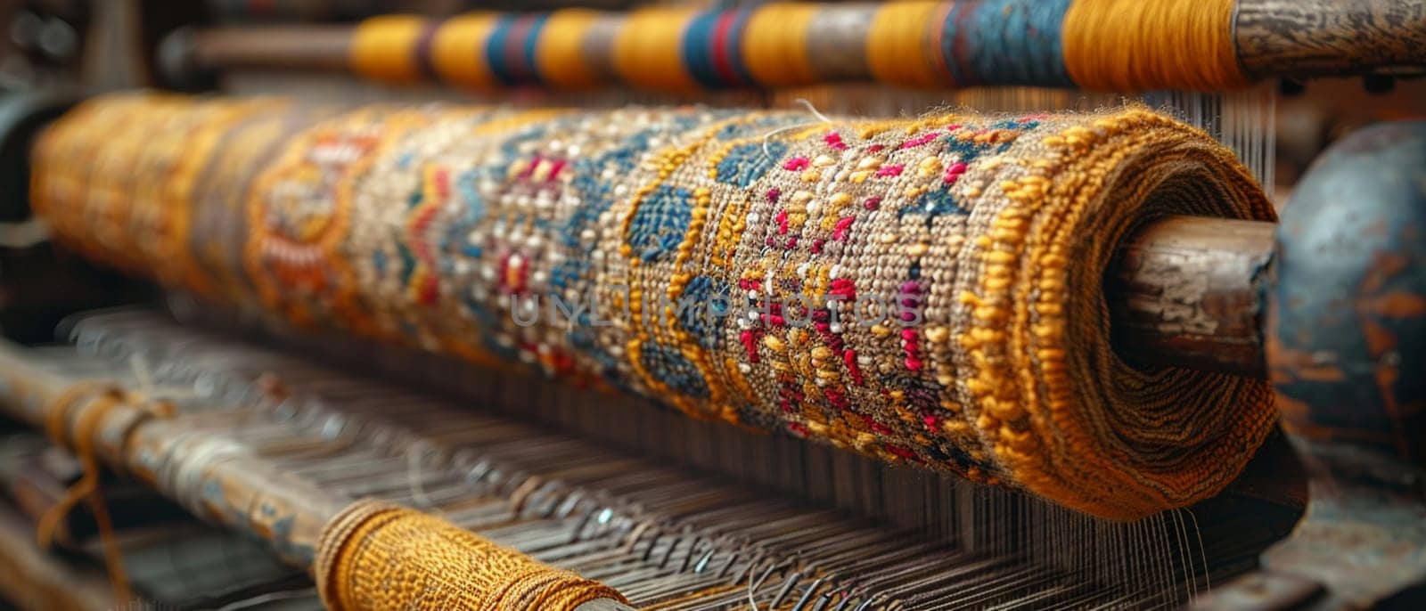 Close-up of fabric weaving on a loom, capturing the tradition and intricacy of textile art