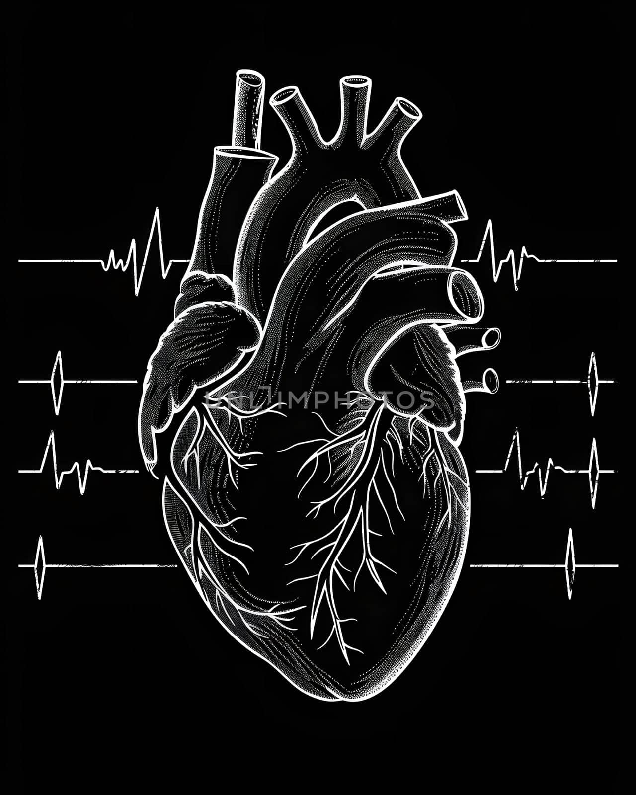 A monochrome drawing of a human heart with heartbeat lines, symbolizing life and vitality. The intricate pattern depicts the heartbeat of an organism in a visually striking gesture of art