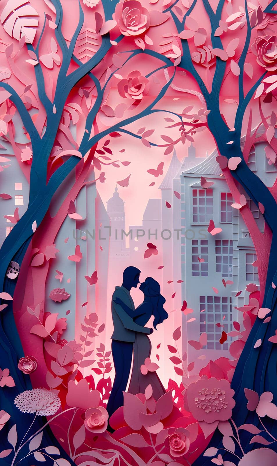 A couple is embracing under a blooming tree, with pink and red flowers all around them. Their intimate gesture blends with natures beauty