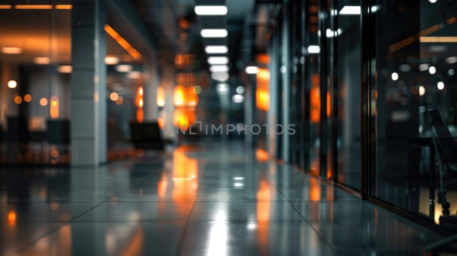 Blurred large office interior background at night time, Generative AI by nijieimu