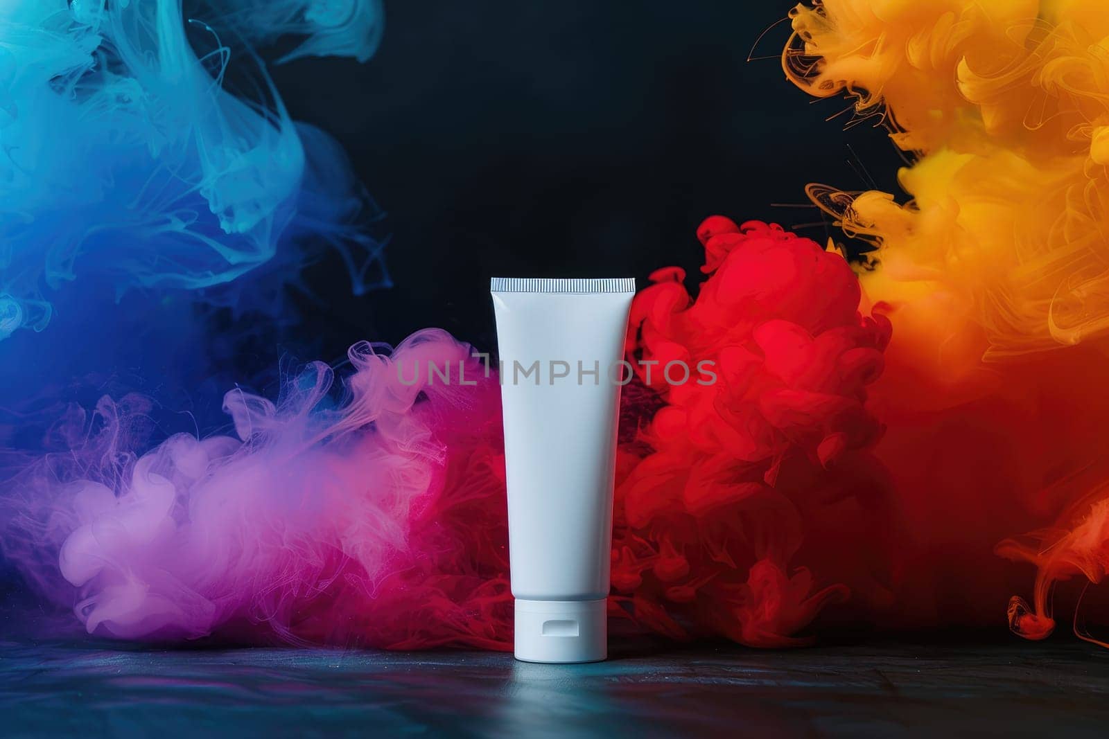 A tube of makeup is placed in front of a colorful explosion of smoke, Mock up tube, Generative AI.