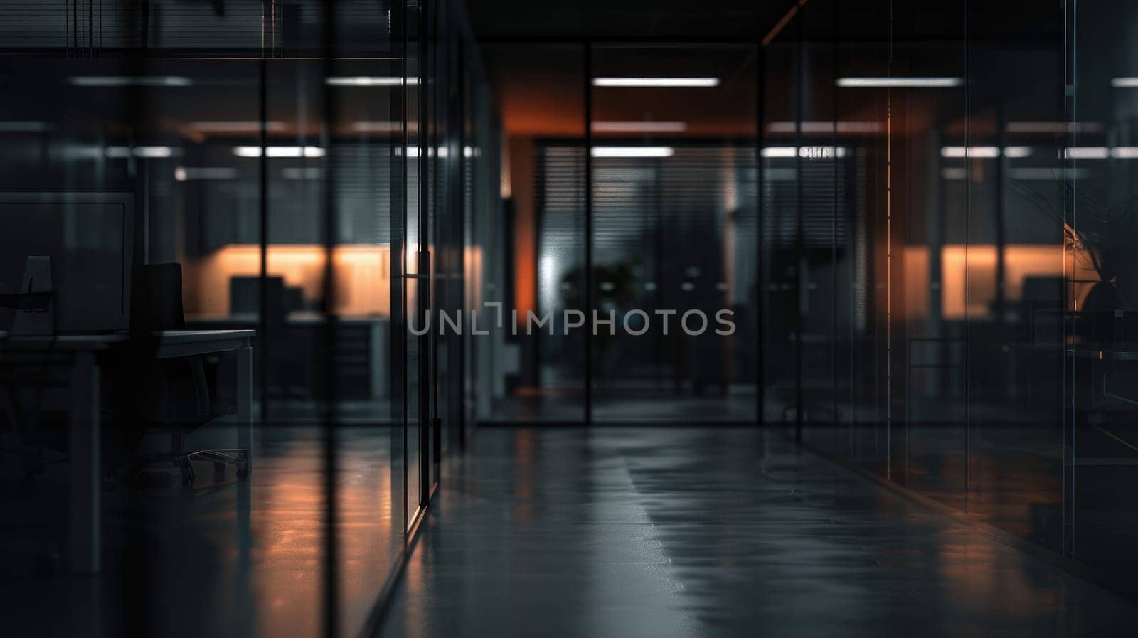 Blurred large office interior background at night time, Generative AI.