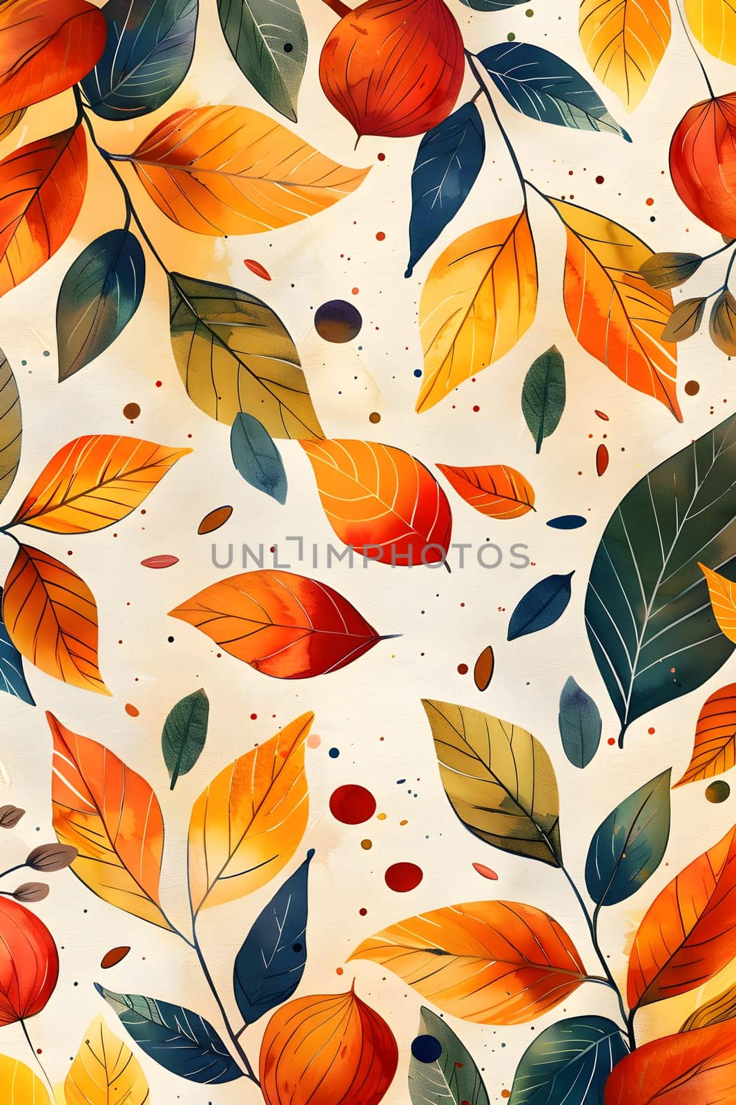 A creative arts pattern featuring a seamless design of autumn leaves, apples, and peaches on a white background. This visual arts piece combines elements of nature with a touch of artistic flair