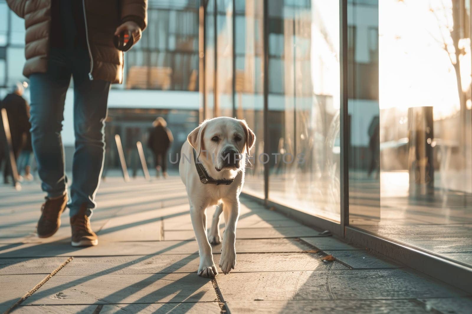 A dog is walking on a sidewalk of a modern building, Dog in modern city, Generative AI by nijieimu