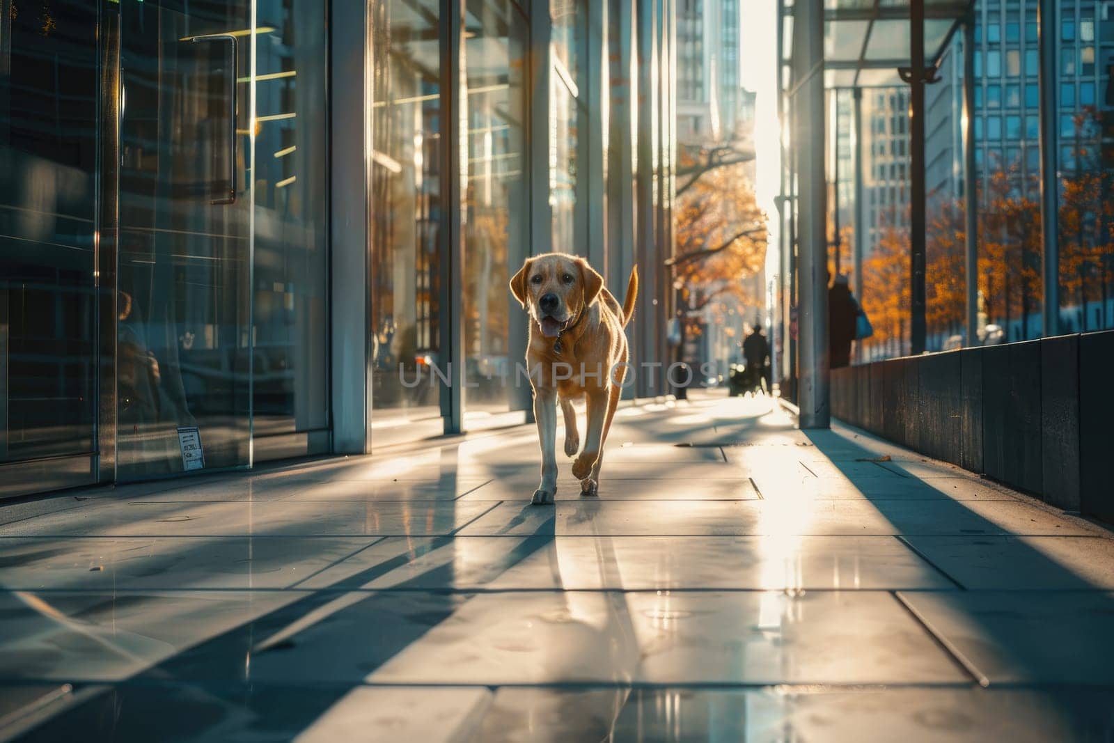 A dog is walking on a sidewalk of a modern building, Dog in modern city, Generative AI.
