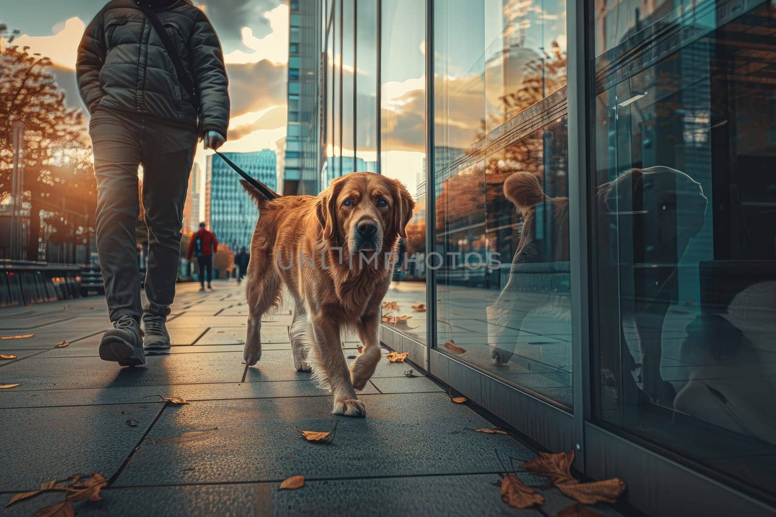 A dog is walking on a sidewalk of a modern building, Dog in modern city, Generative AI.