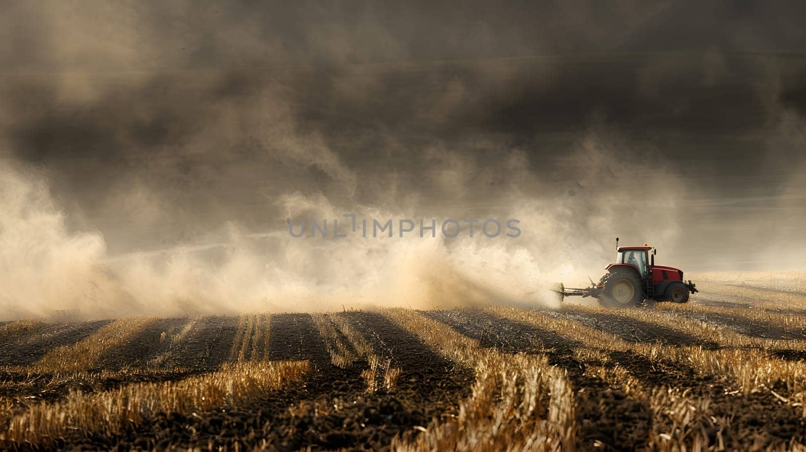 A tractor is plowing a field under a cloudy sky, creating a picturesque natural landscape with cumulus clouds and a horizon in the background