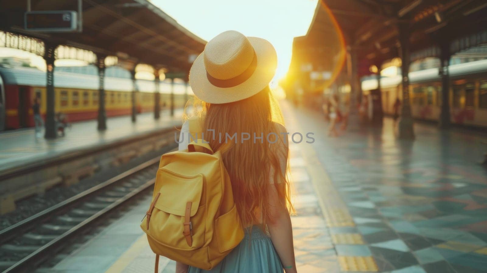 A woman wearing a straw hat and wear dress is standing on a train platform by golfmerrymaker
