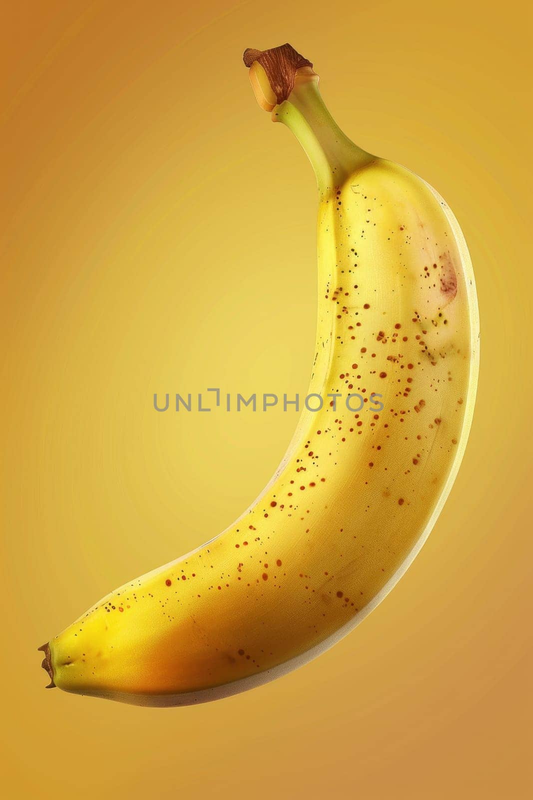 A banana with brown spots on it. The banana is yellow and has a stem