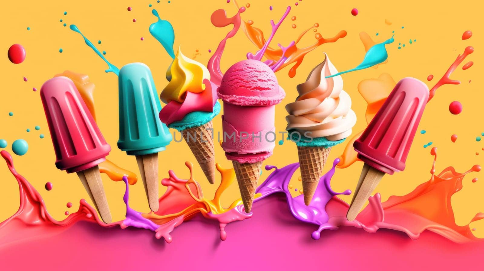 ice cream cones are splattered with colorful paint, creating a fun by golfmerrymaker