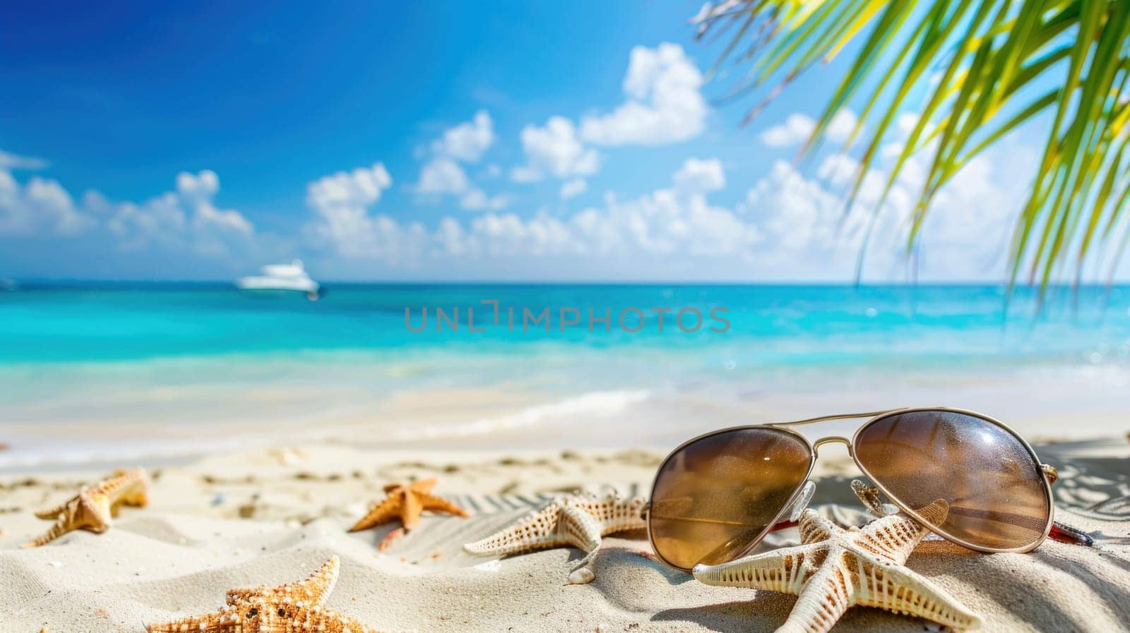A pair of sunglasses and a starfish are on a beach.