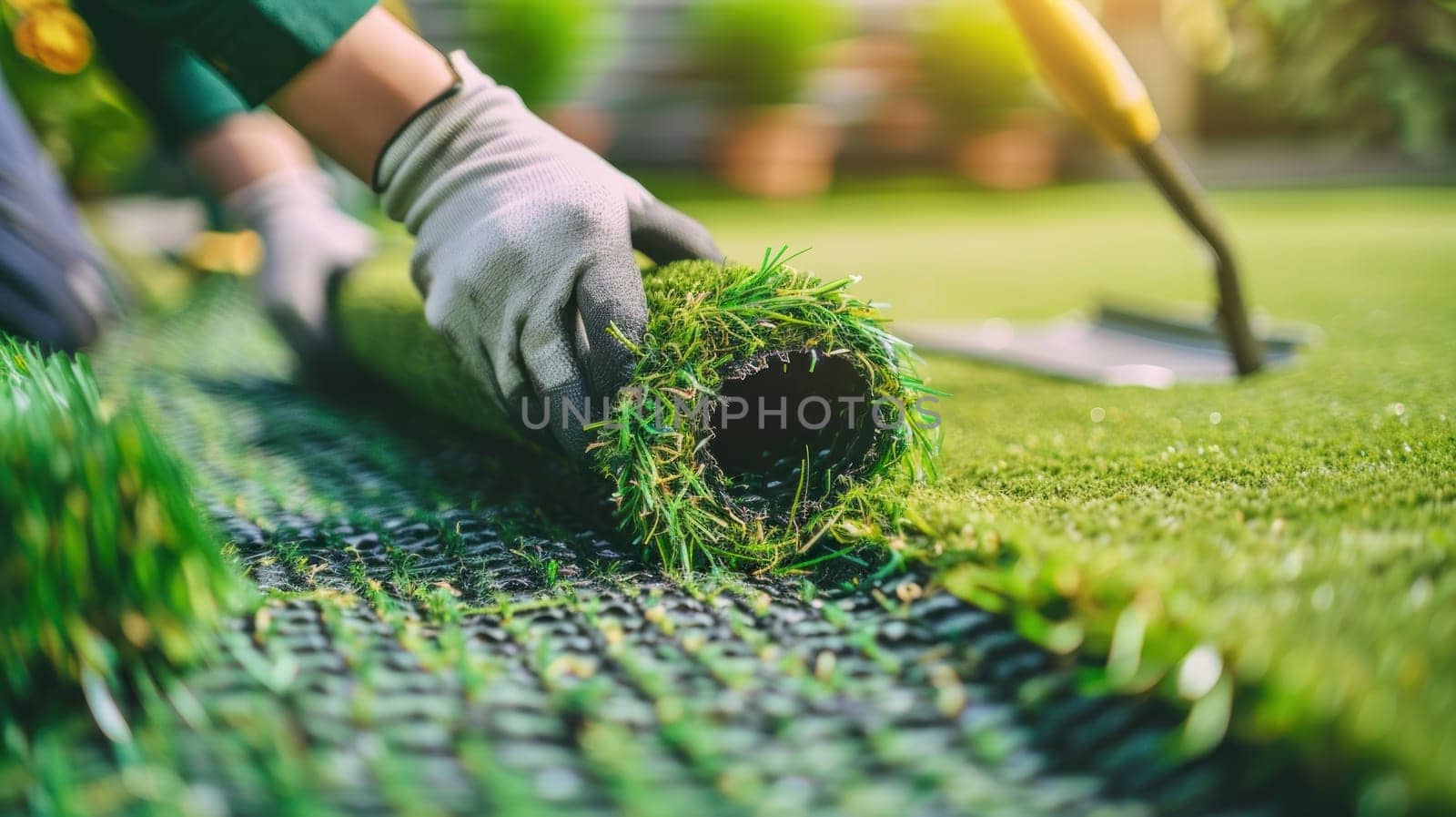 A man is laying down a piece of artificial grass by golfmerrymaker
