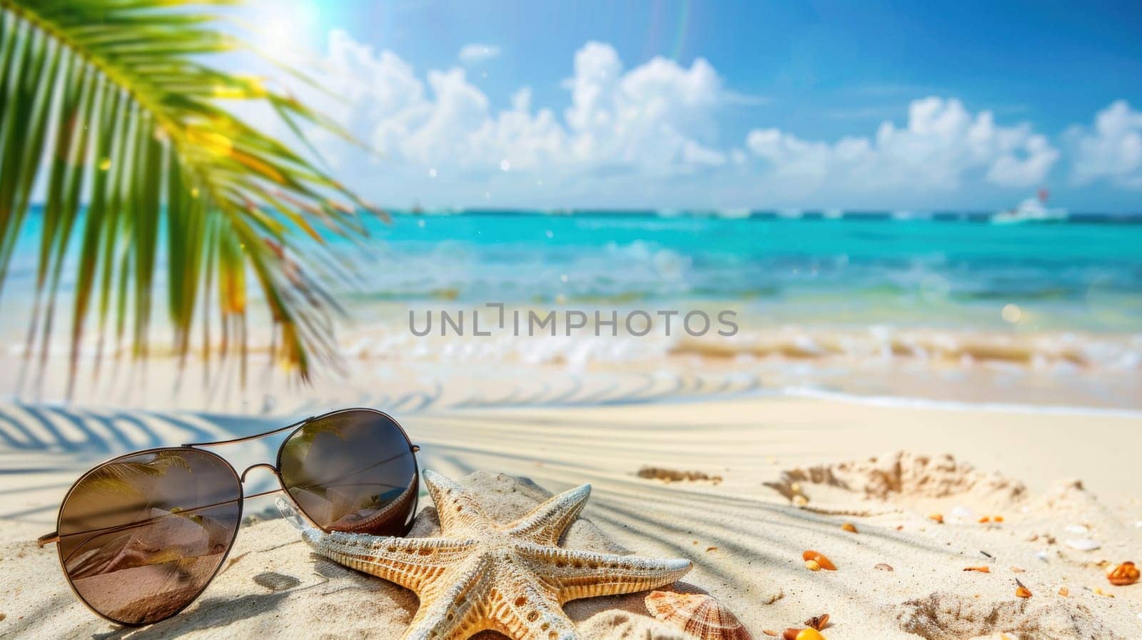 A pair of sunglasses and a starfish are on a beach. The beach is sunny and the water is blue