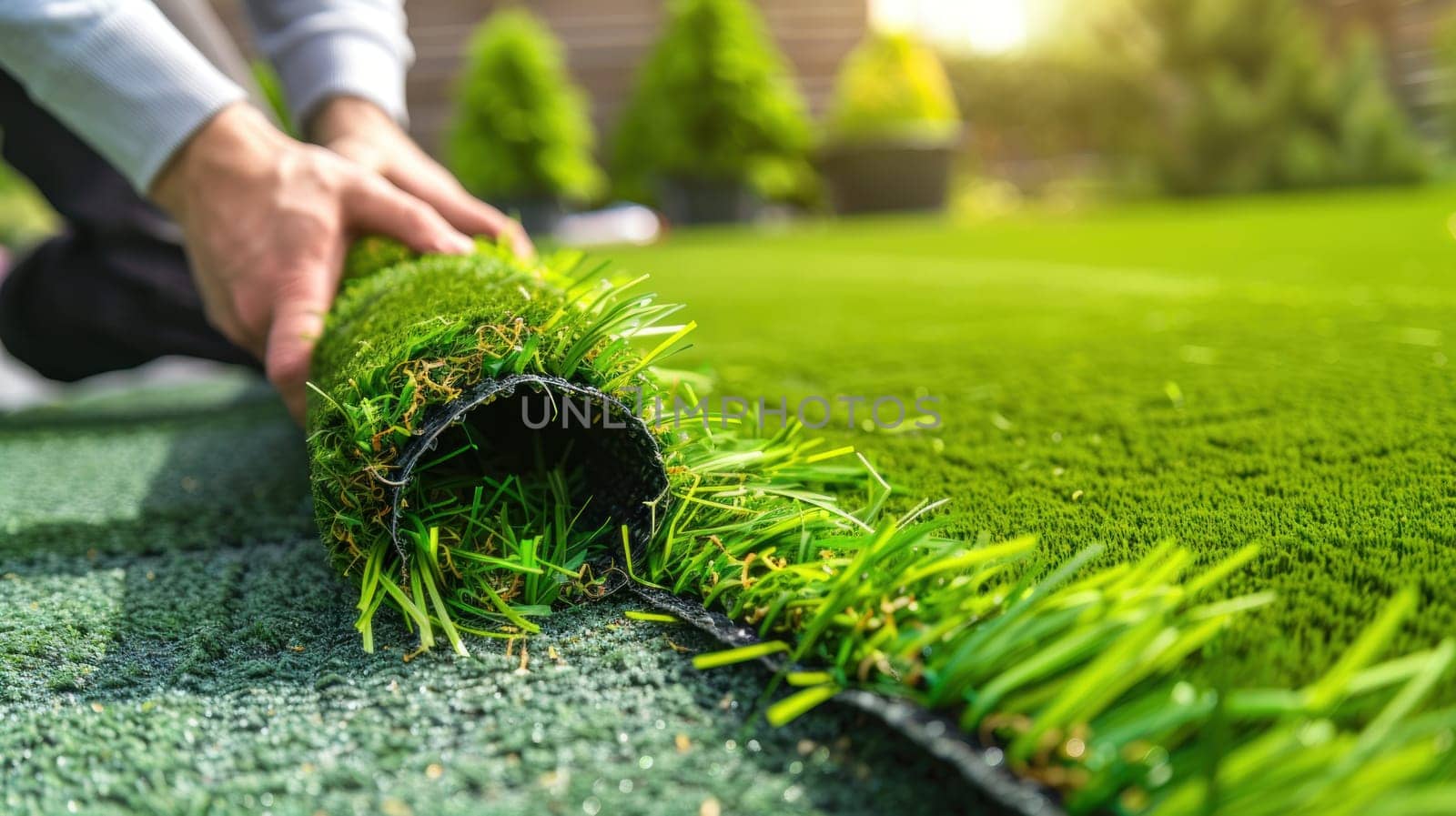 A man is laying down a piece of artificial grass by golfmerrymaker