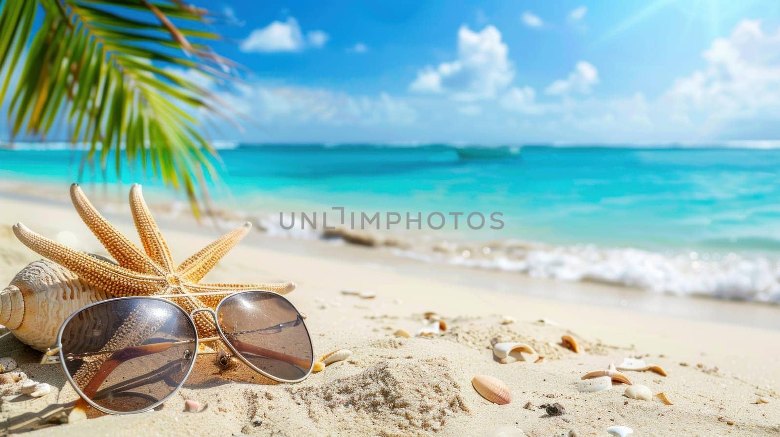 A pair of sunglasses and a starfish are on a beach by golfmerrymaker