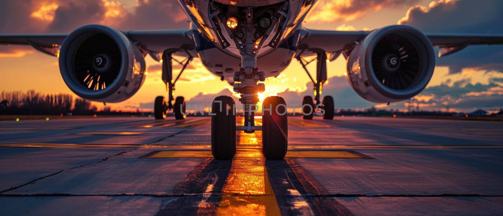 A large jet is on the runway with the sun setting in the background. The plane is on the tarmac and the runway is wet