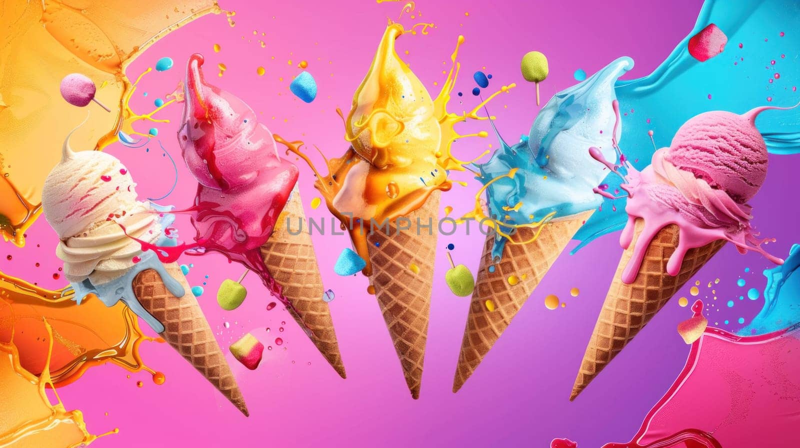 ice cream cones are splattered with colorful paint, creating a fun by golfmerrymaker