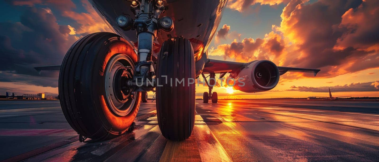 A large jet is on the runway with the sun setting in the background by golfmerrymaker