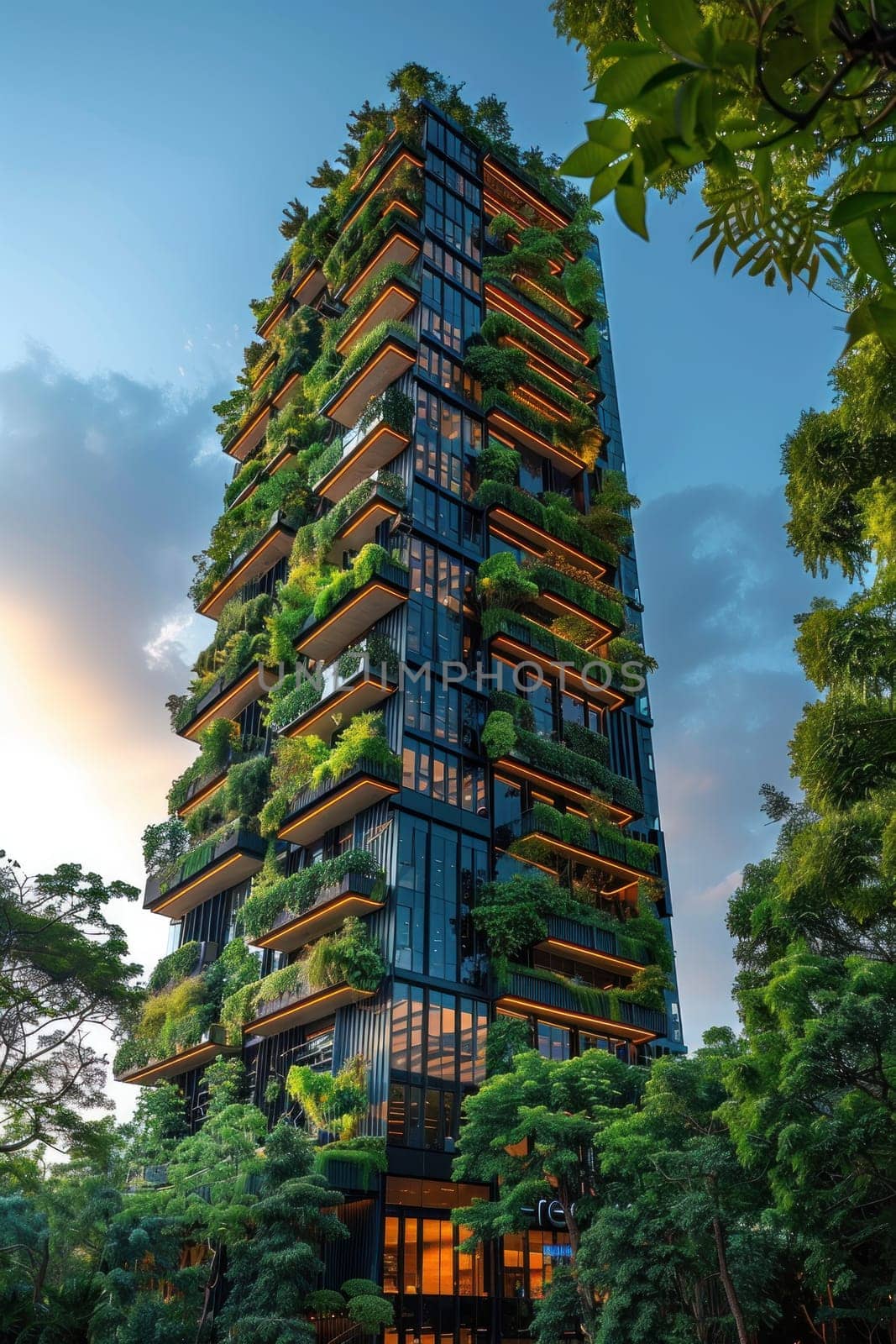 A tall building with a green roof and many trees growing on it.