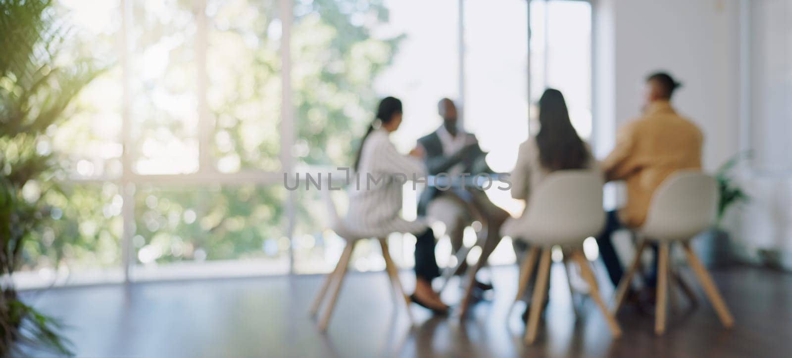Business meeting, blurred background and people in office for teamwork, collaboration and planning, Partnership, negotiation and group in solidarity for growth, consulting and corporate solution.