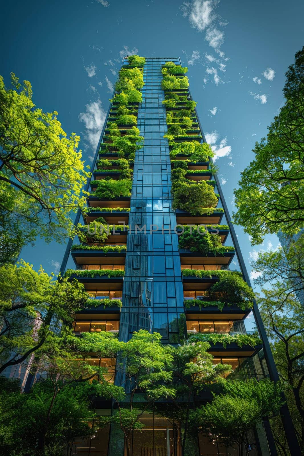 A tall building with a green roof and many trees growing on it. The building is surrounded by trees and has a lot of greenery on it