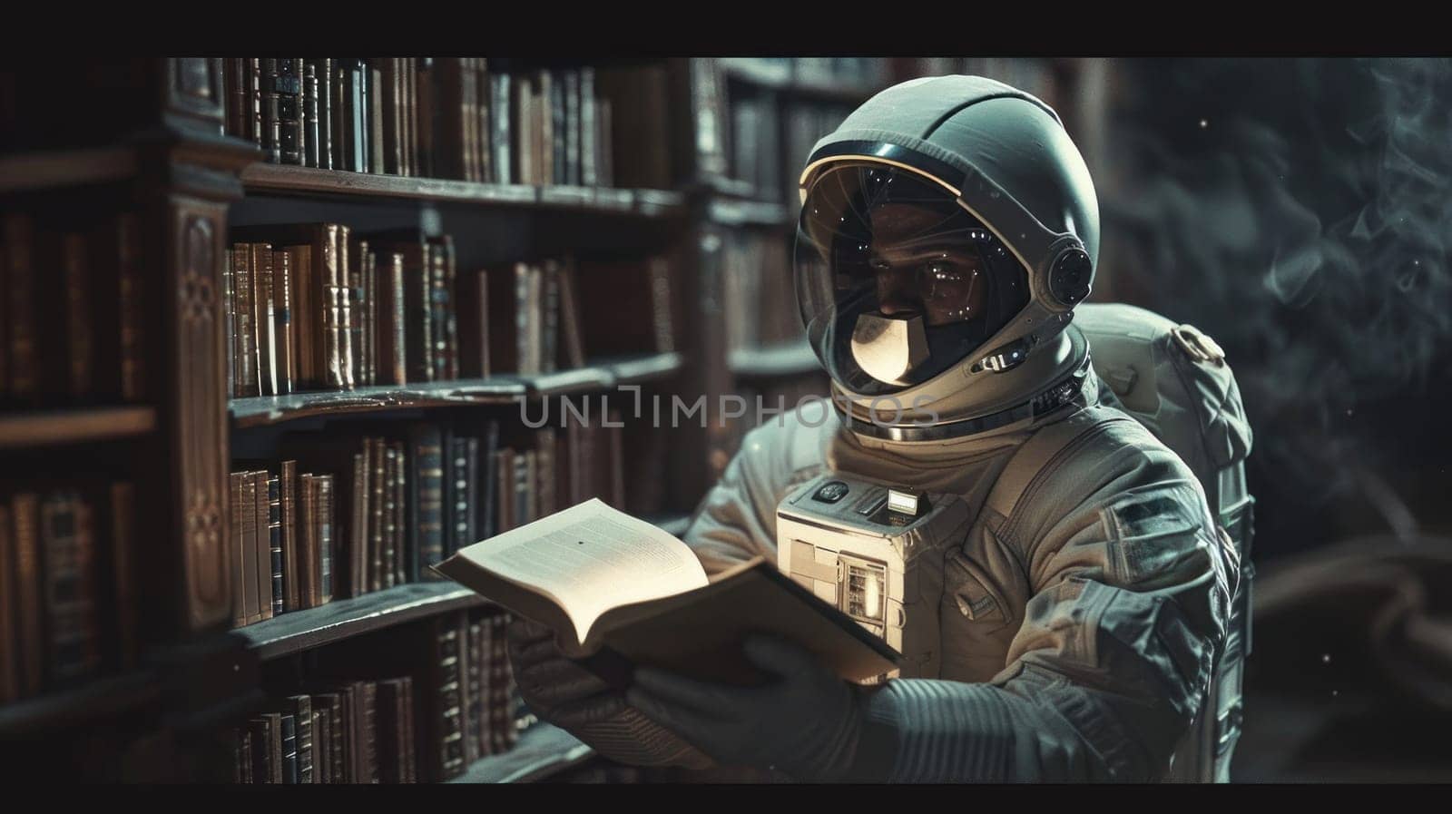 A man in a spacesuit is reading a book in a library by golfmerrymaker