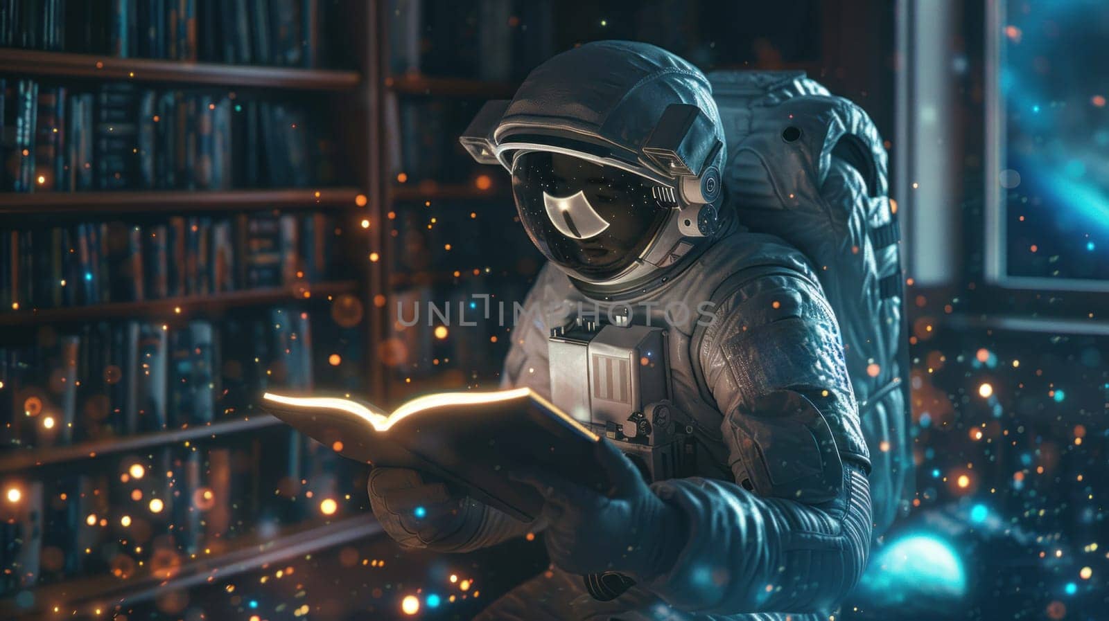 A man in a spacesuit is reading a book in a library by golfmerrymaker