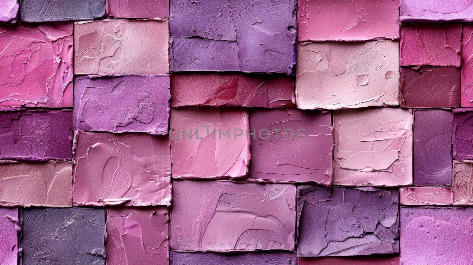 A wall made of pink and purple makeup. The wall is made of different shades of pink and purple, and it looks like a painting