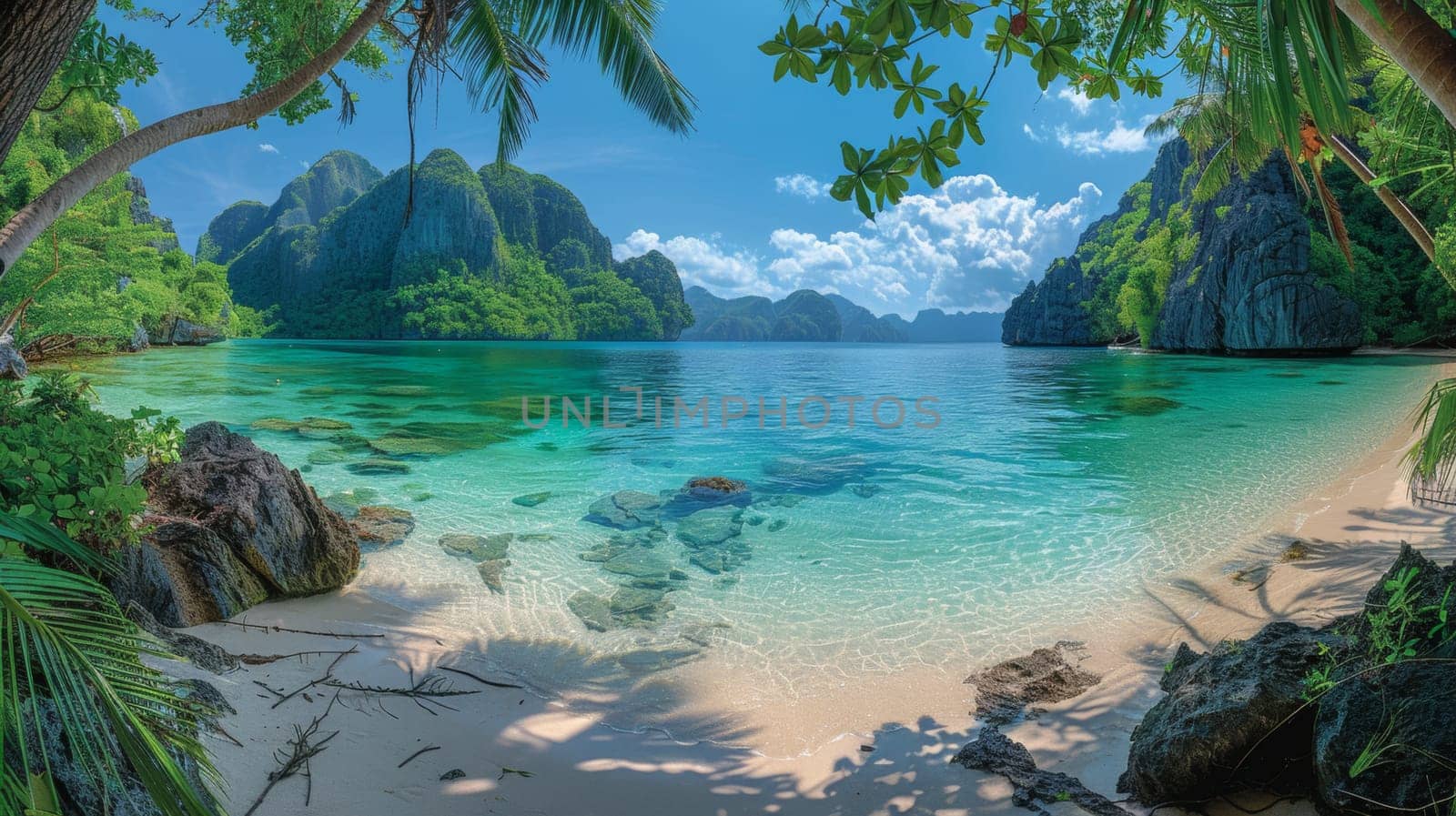 Wide angle shot of the paradise beach in Philippines with turquoise water around and greenery.