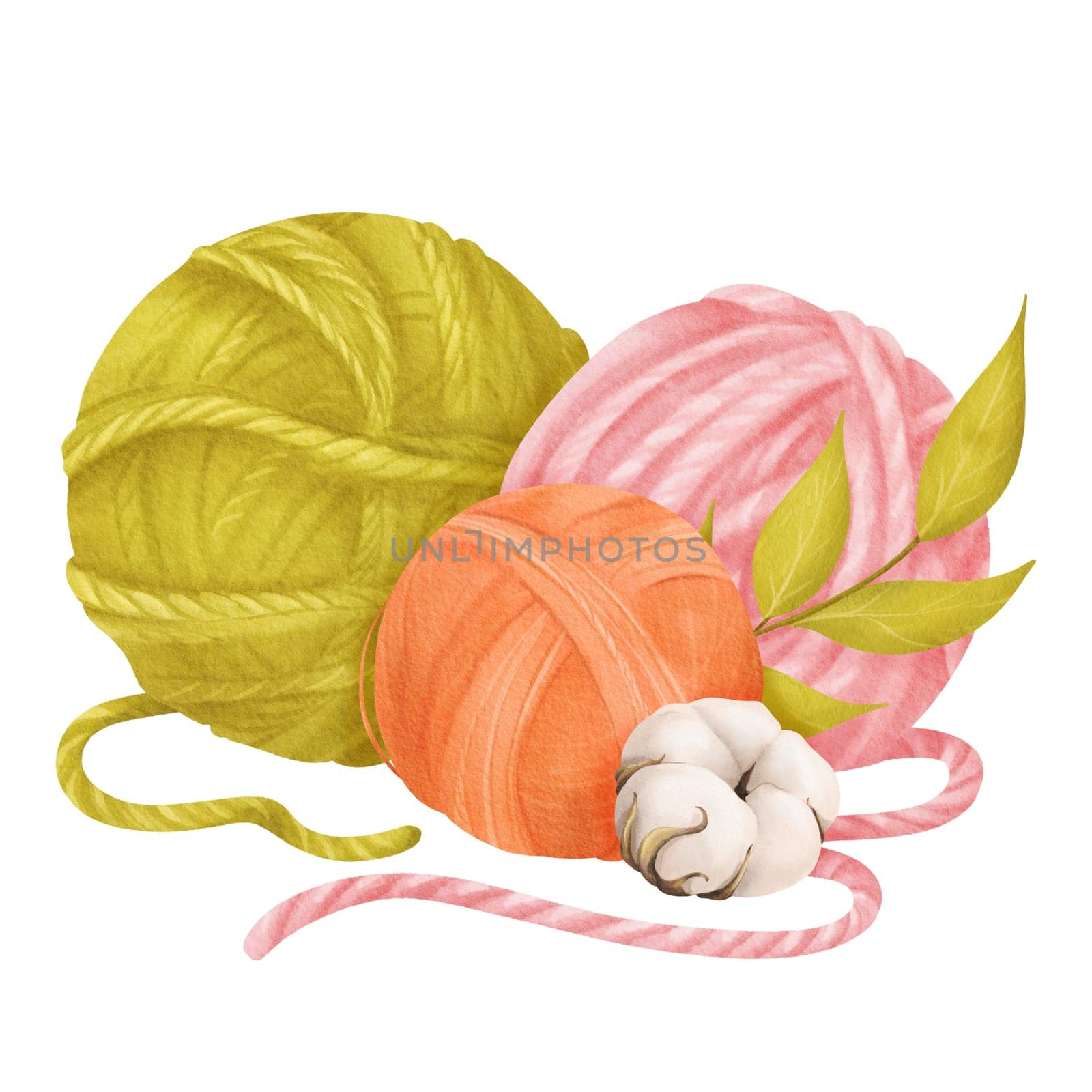 composition of multicolored yarn skeins in green, pink, and orange, adorned with soft cotton flowers and greenery branches. Watercolor for crafting enthusiasts, textile themed blogs.