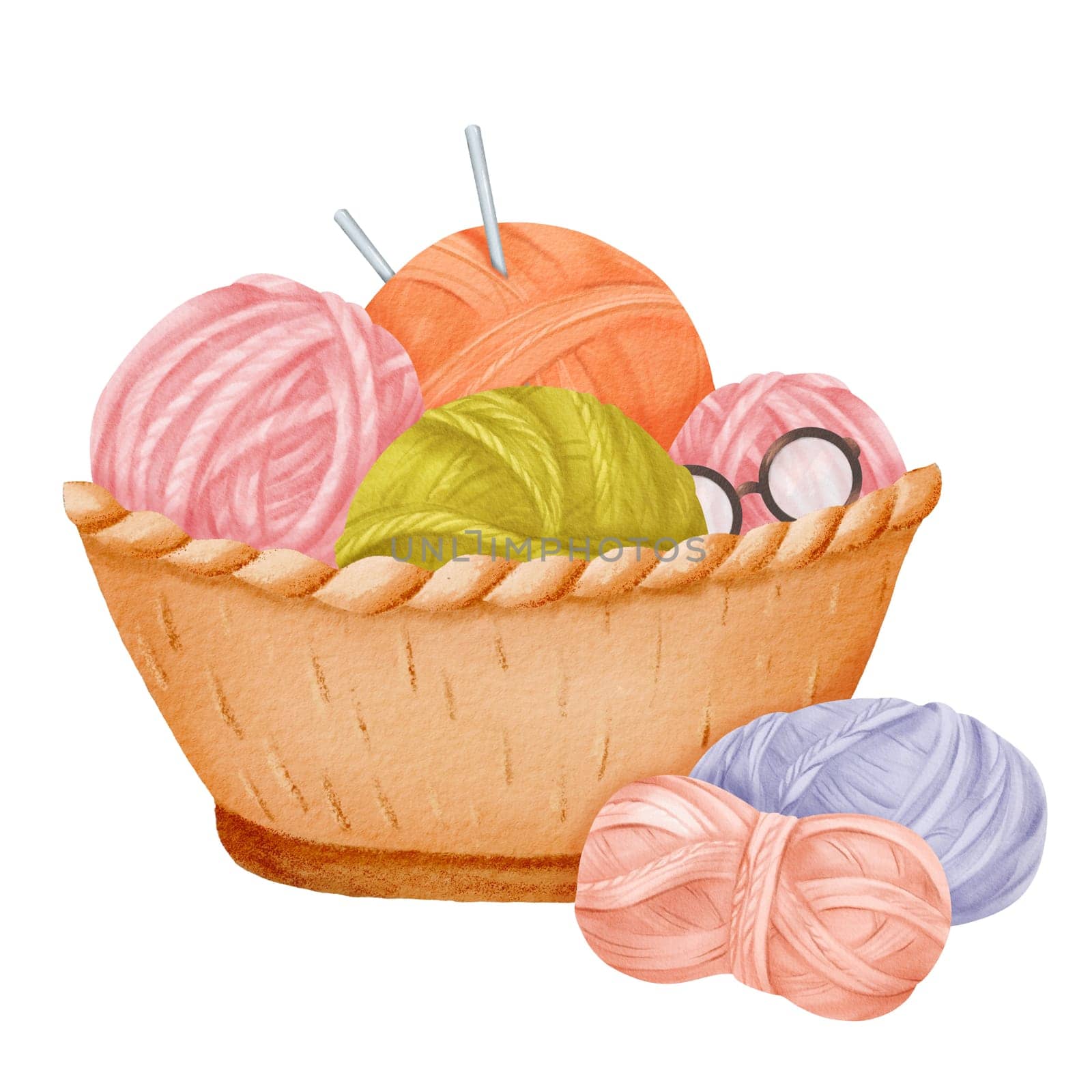 A cozy composition featuring a wicker basket filled with colorful yarn skeins, knitting needles, and glasses. for crafting enthusiasts, knitting blogs, or DIY designs. Watercolor illustration by Art_Mari_Ka