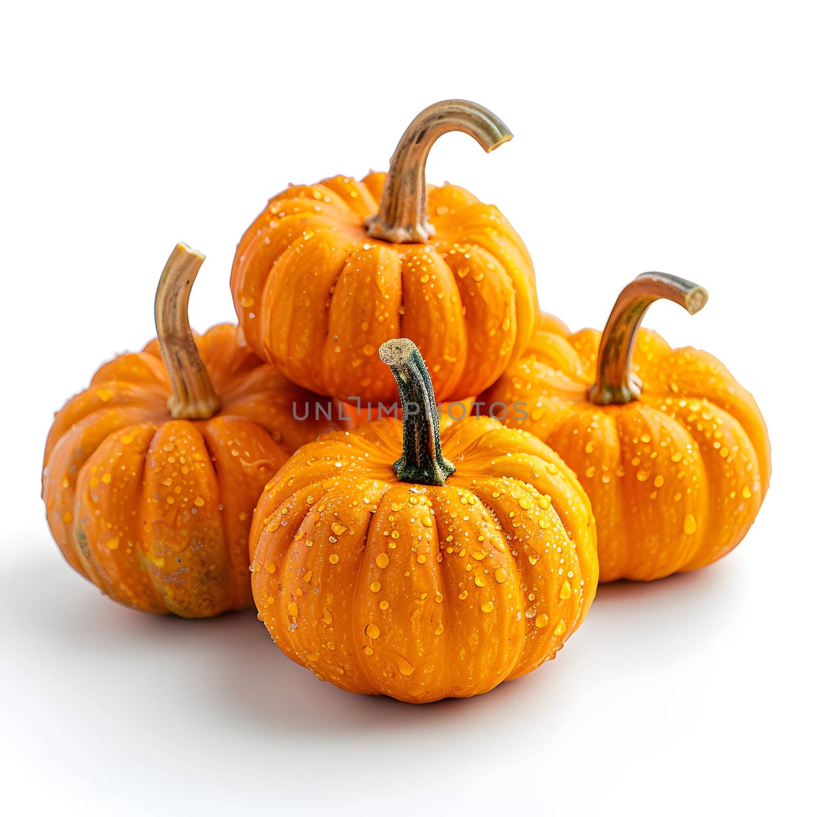 Four small pumpkins, a type of winter squash, are neatly stacked on top of each other against a white background. Pumpkins are a staple food and a type of gourd known for their vibrant orange color