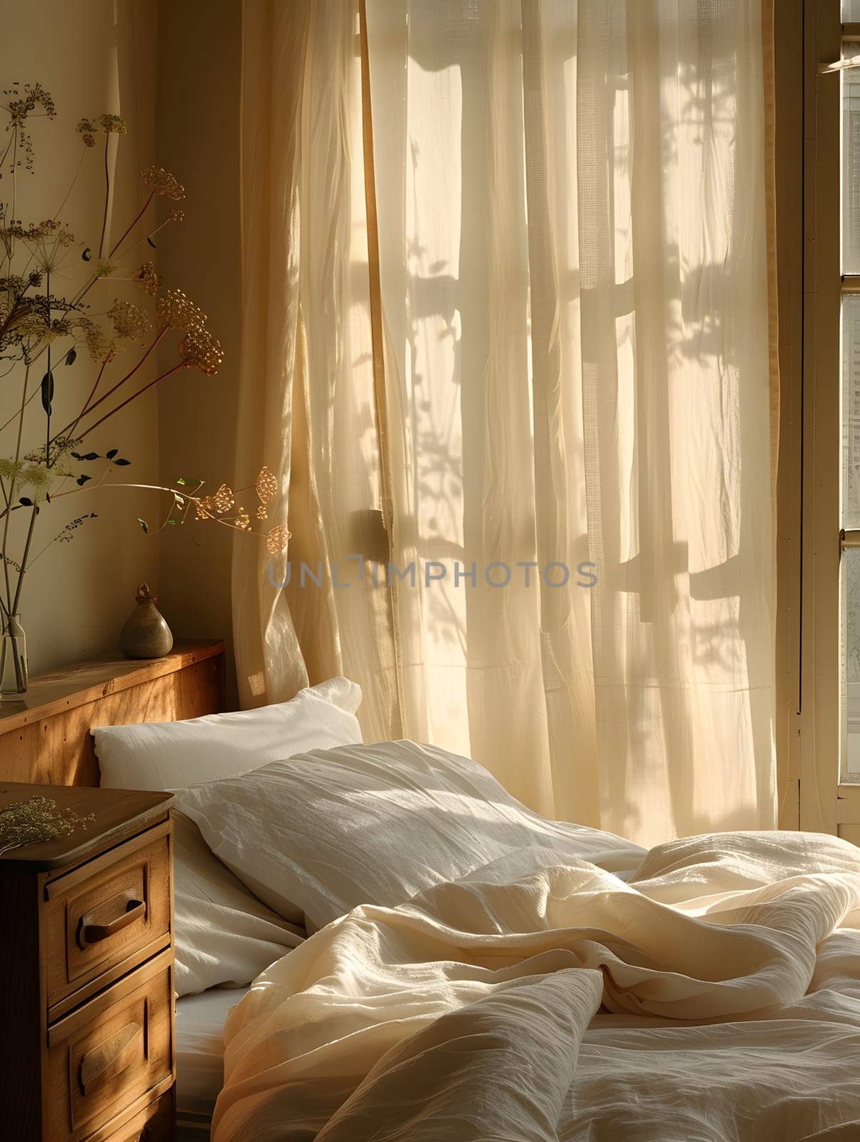 A bedroom with a hardwood floor, a cozy bed frame, and a window covered with curtains. The furniture adds comfort and the building has tints and shades