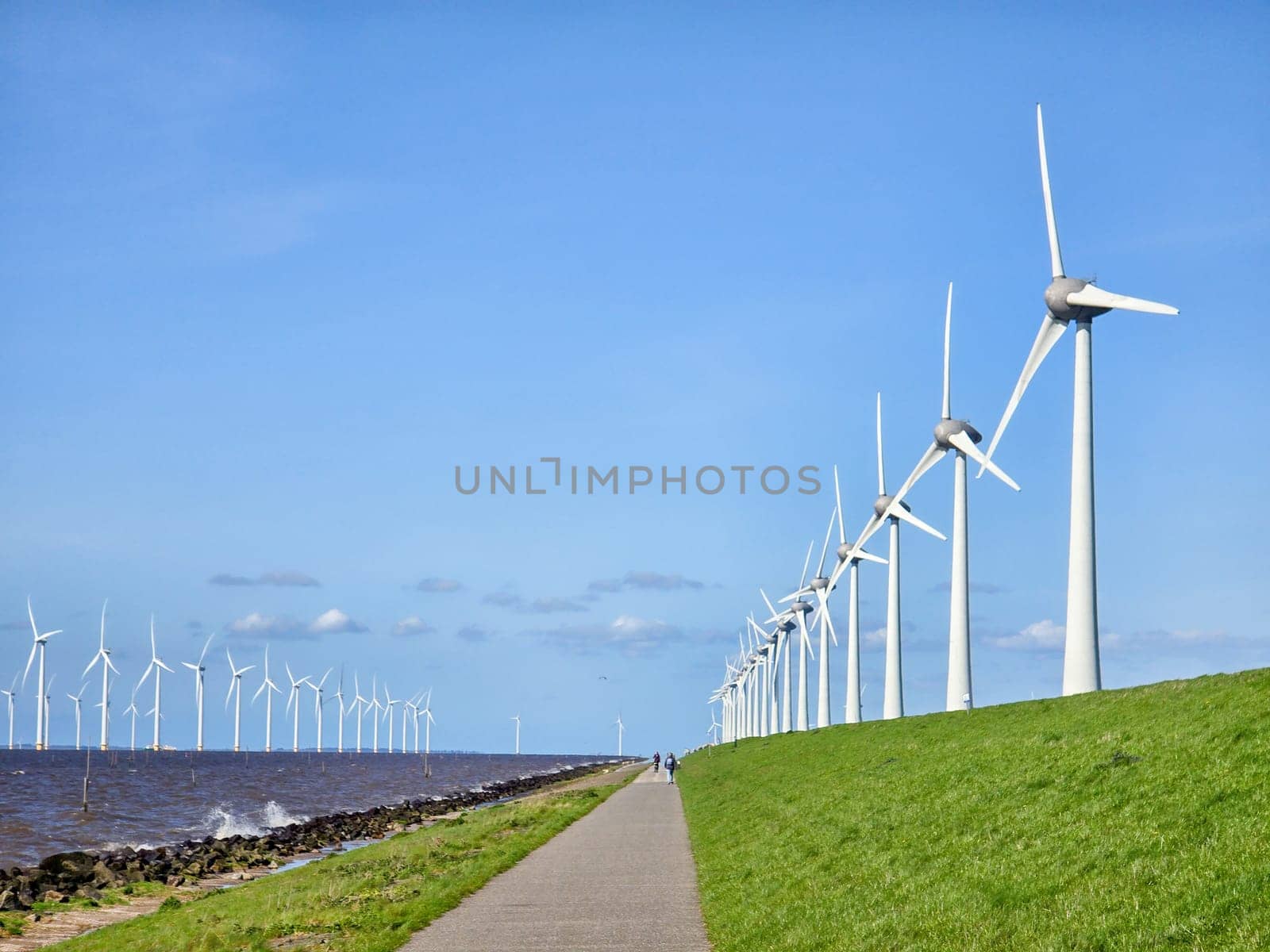 windmill park and a blue sky on a dutch dike, windmill park in the ocean. Netherlands Europe. windmill turbines in the Noordoostpolder Flevoland