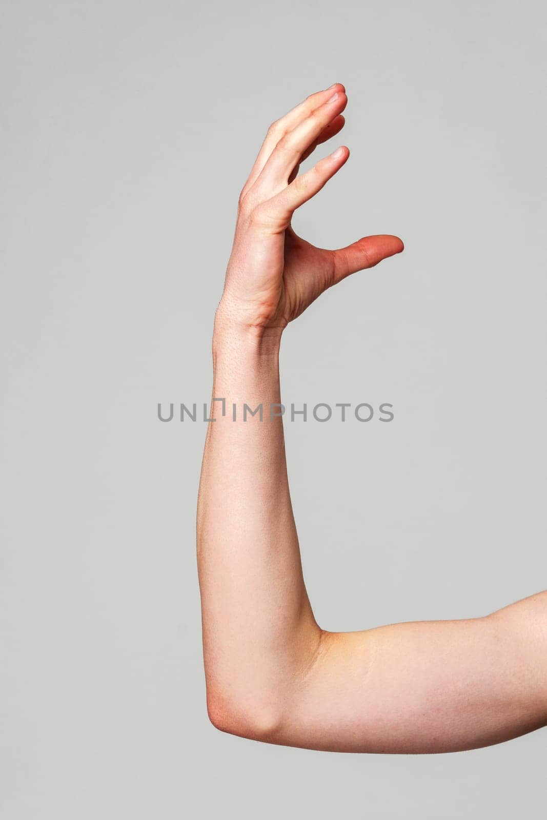A single human arm is raised, captured in profile with the elbow bent and the hand slightly curved. The arms soft lighting emphasizes its form against the plain, unadorned backdrop.