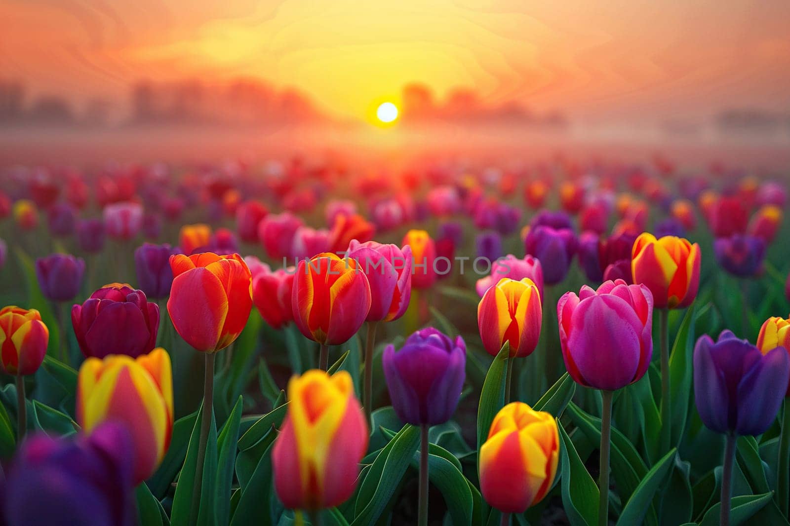 A large beautiful plantation of multi-colored tulips in the rays of sunset.