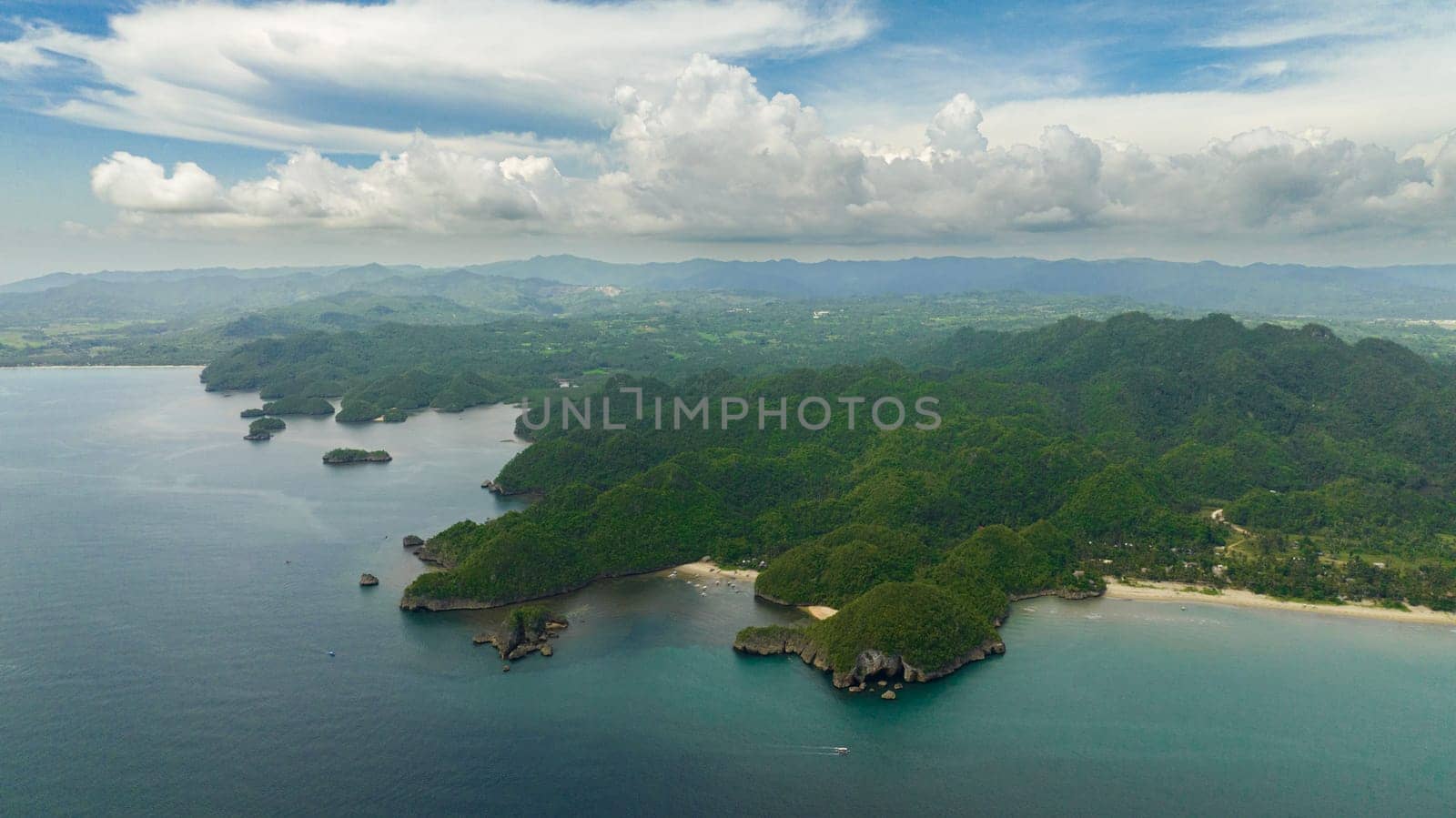 Aerial view of coast of the island with tropical vegetation and the beach. Negros, Philippines.