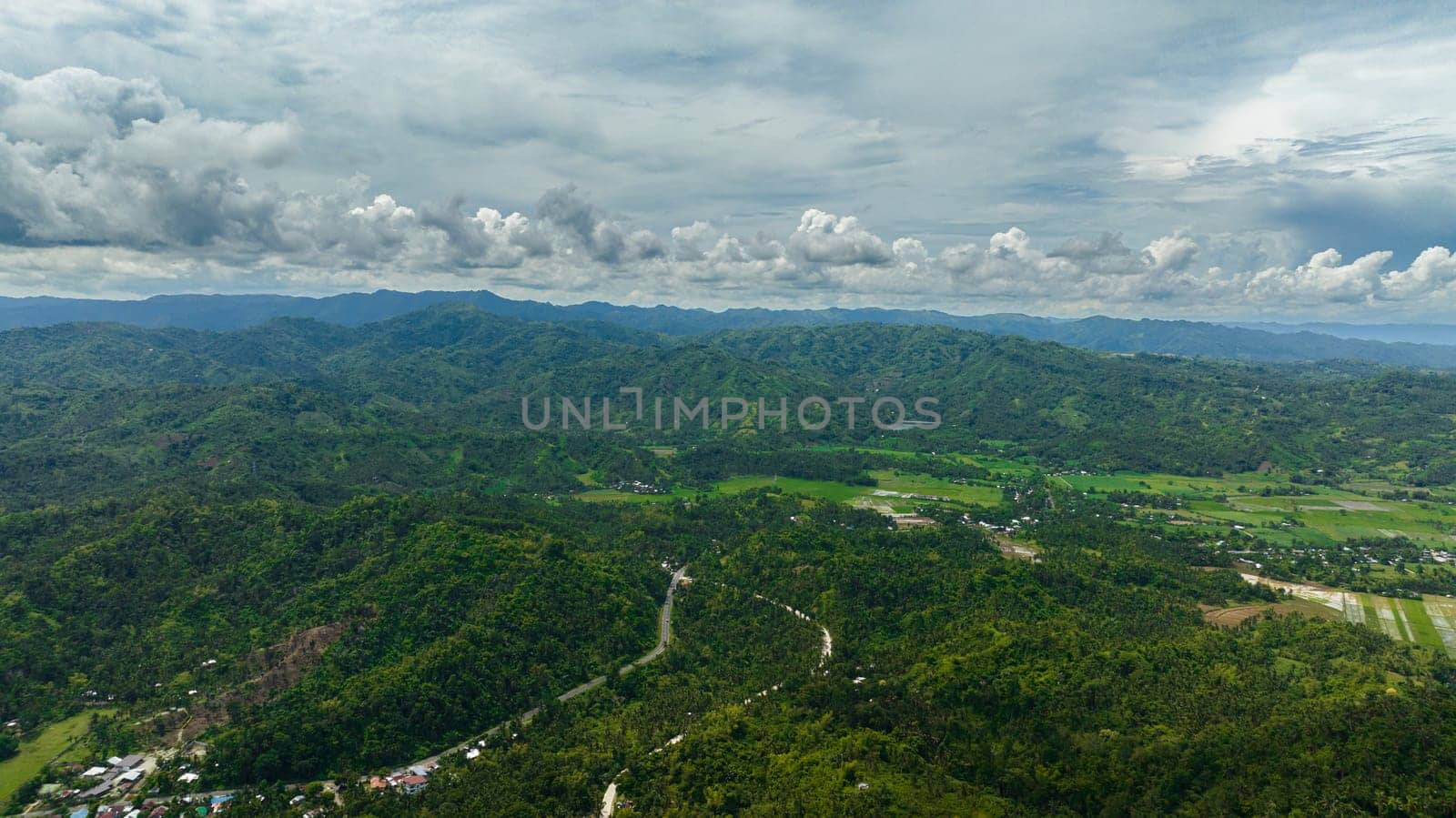 Aerial view of sugarcane plantations and agricultural land in the countryside. Negros, Philippines