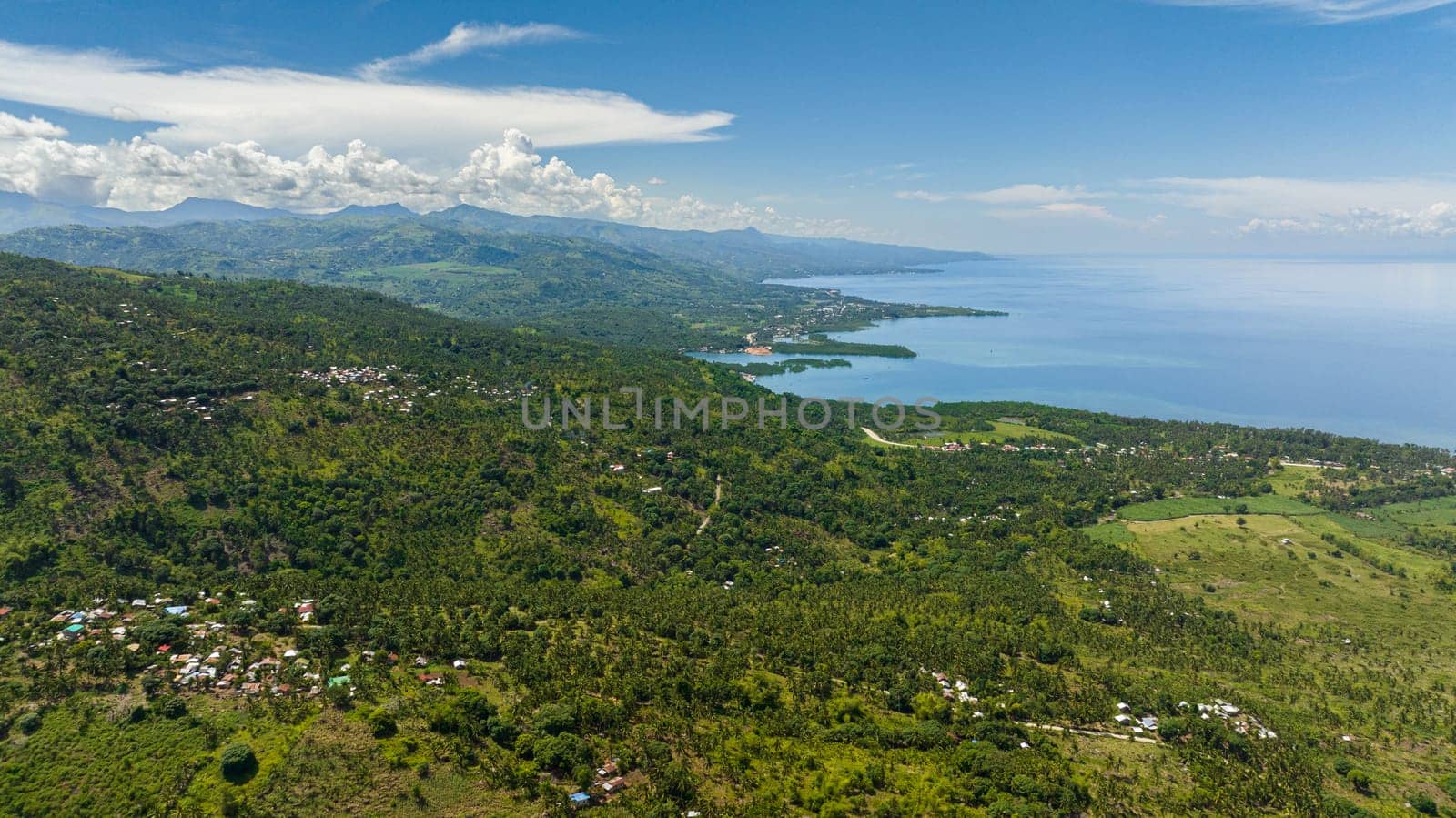 Coastline of Negros Island with towns and villages. Philippines.