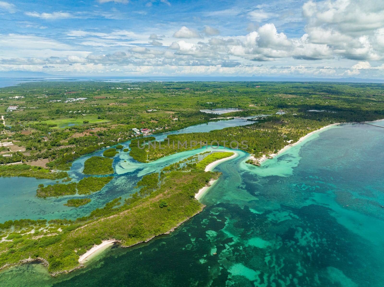 Aerial view of tropical island and beach in the sea. Bantayan island, Philippines.