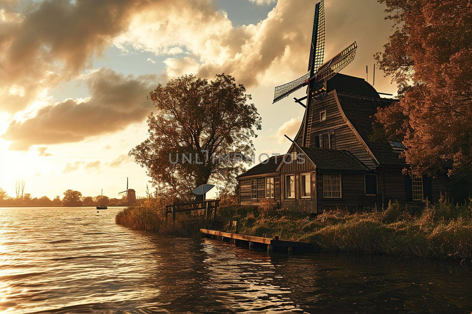 Old wooden windmill near the canal. Ecological energy concept.