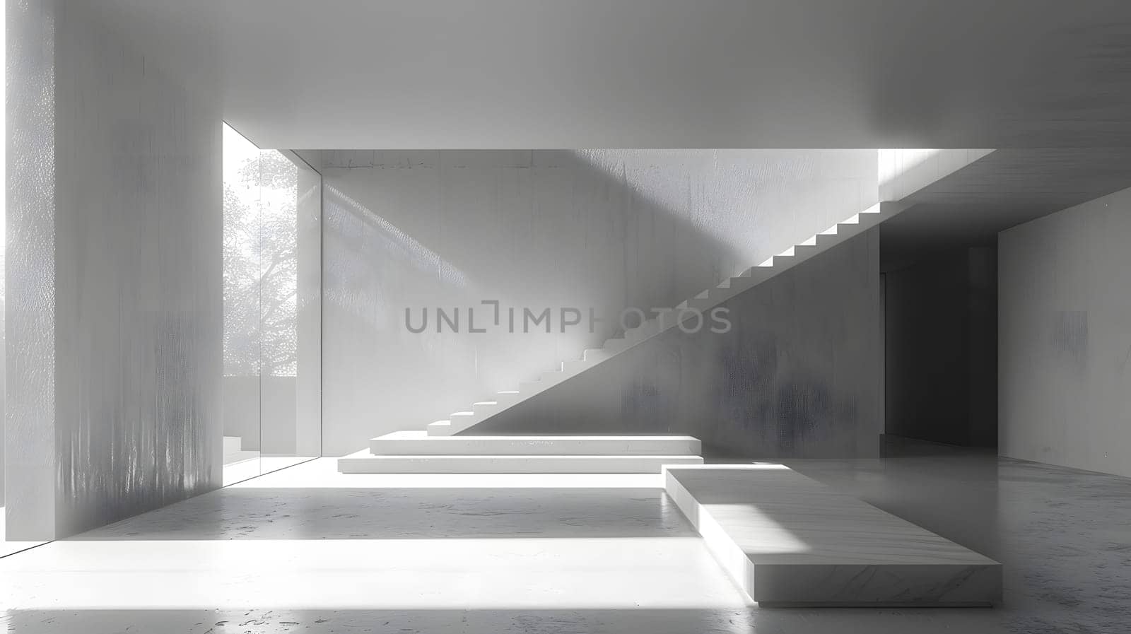 A monochrome photo of a house interior featuring a staircase, window, and various composite materials. The tints and shades create a dramatic effect in the darkness