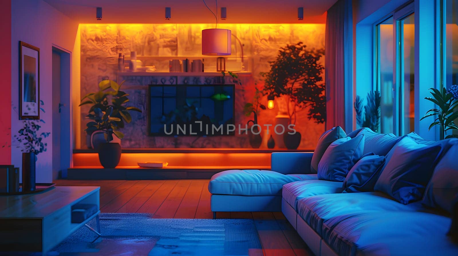 A living room in a house with a cozy couch, television, and colorful lights in shades of electric blue, magenta, and purple for entertainment