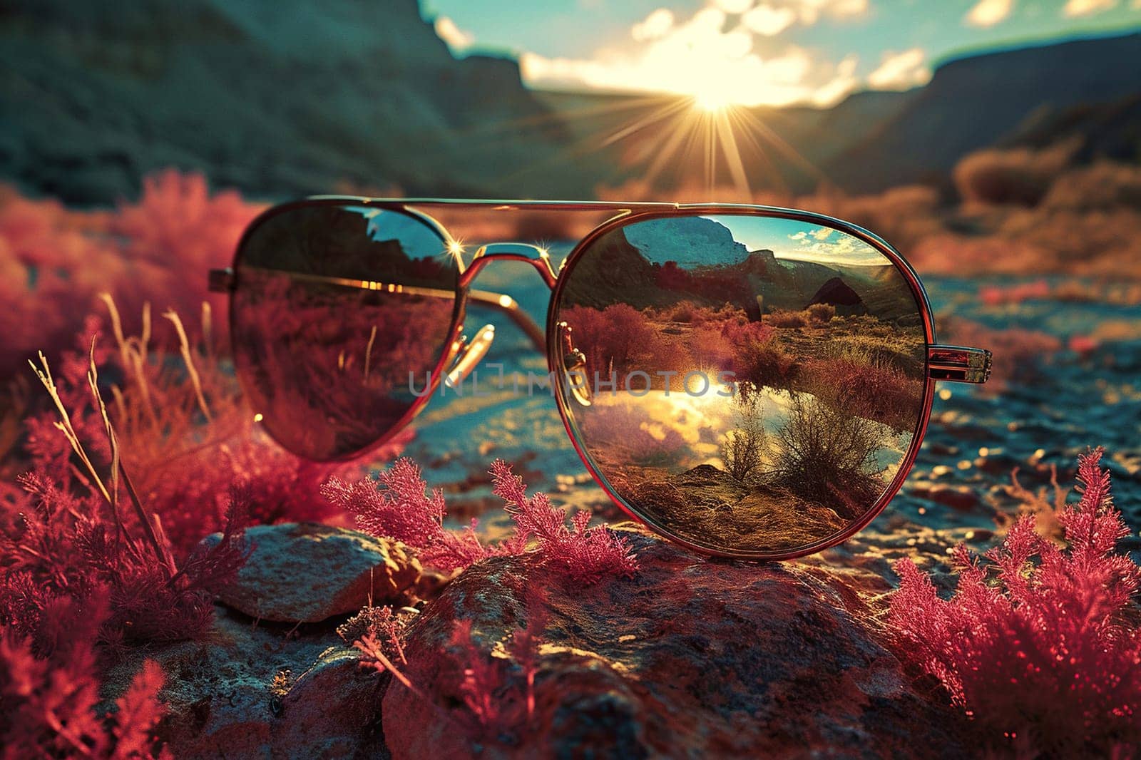 Reflection of a mountain landscape in the glasses of sunglasses. Concept of travel, freedom, lifestyle.