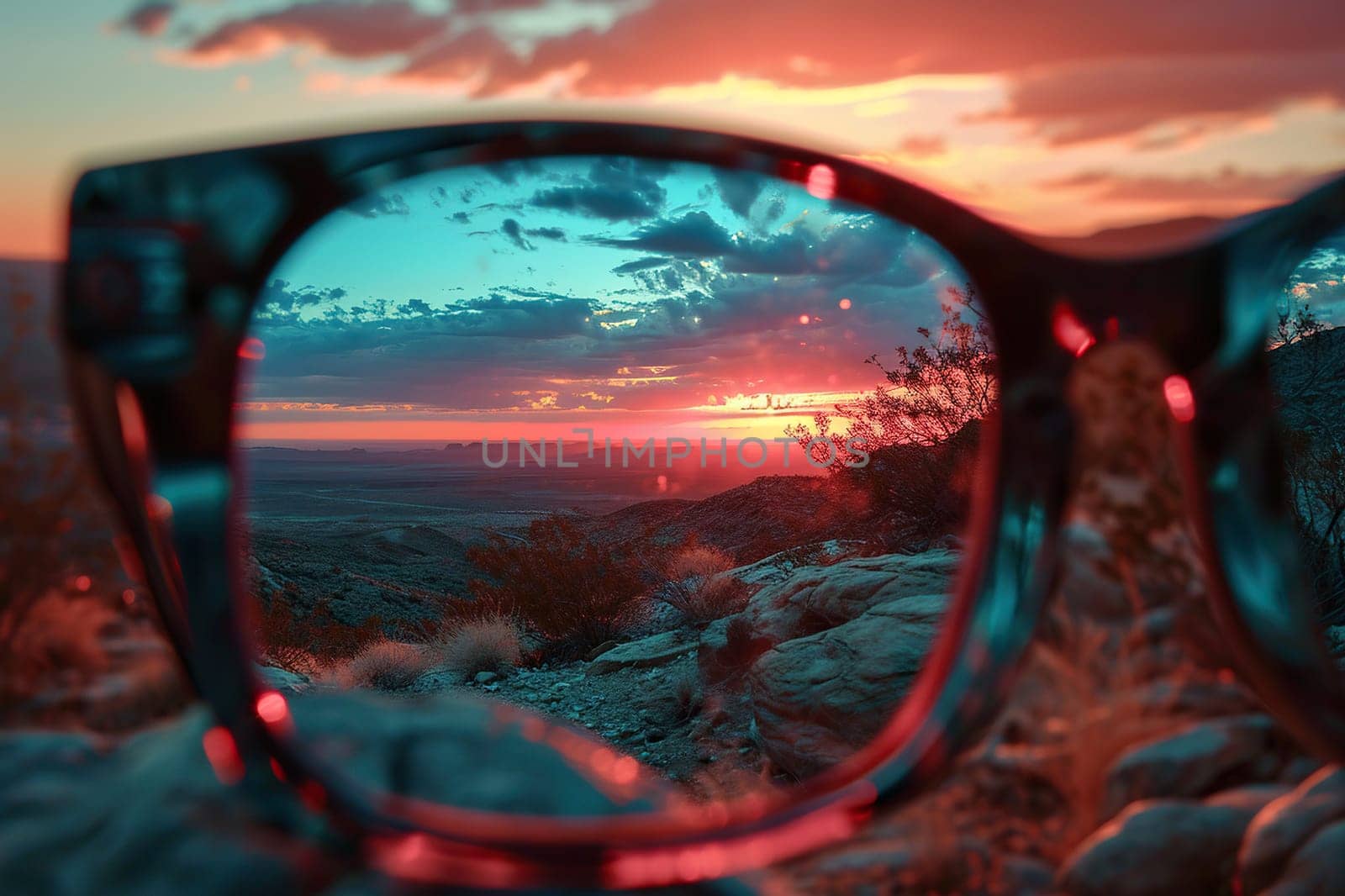 Beautiful view of the sunset in the mountains through the lenses of sunglasses. Generated by artificial intelligence by Vovmar