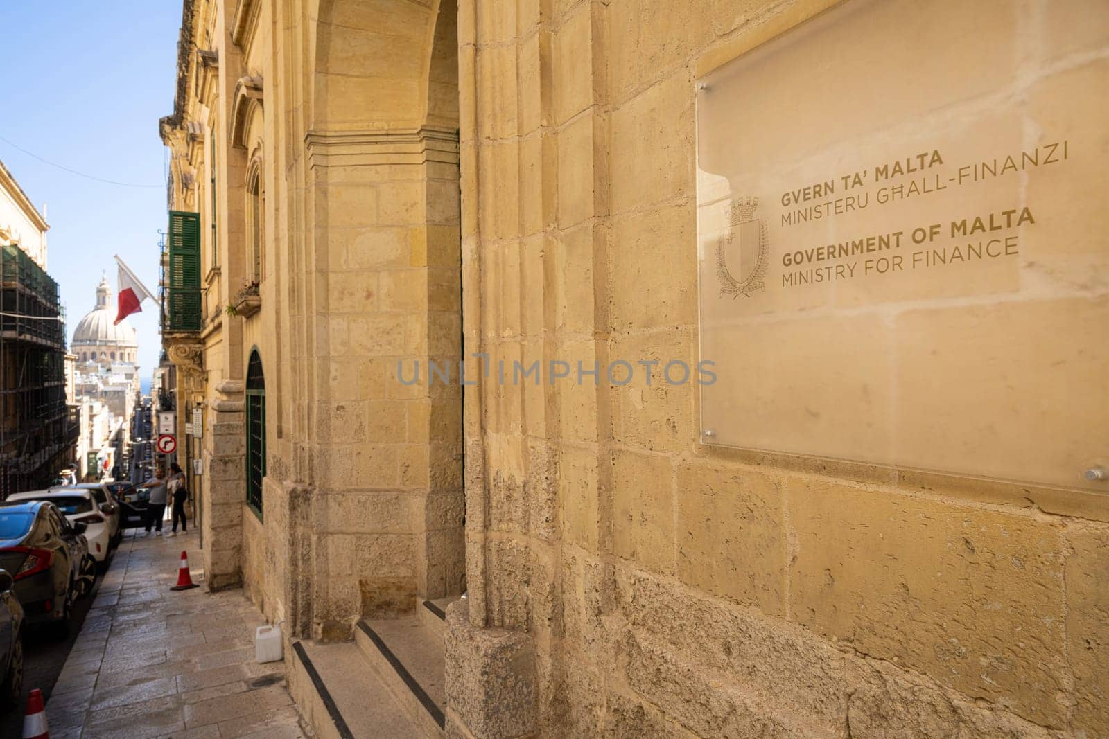 Valletta, Malta, April 03, 2024. view ot the ministry of finance sign out of a building in the city center