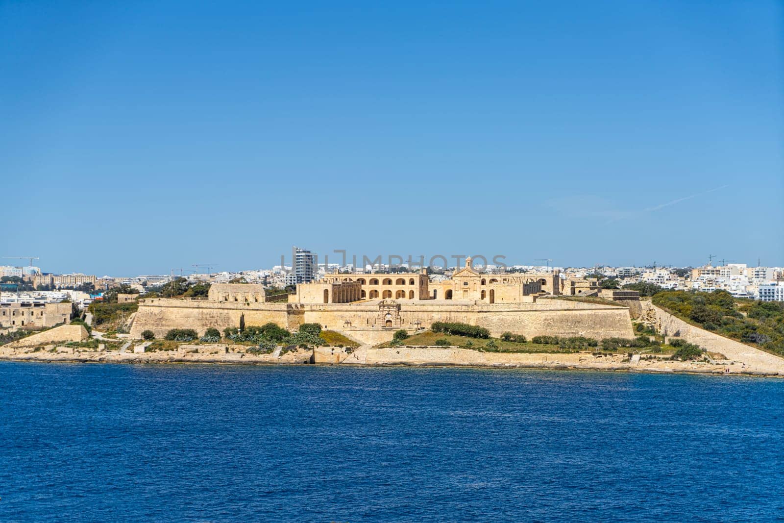 Valletta, Malta, April 03, 2024.  panoramic view of ancient Fort Manoel from Valletta