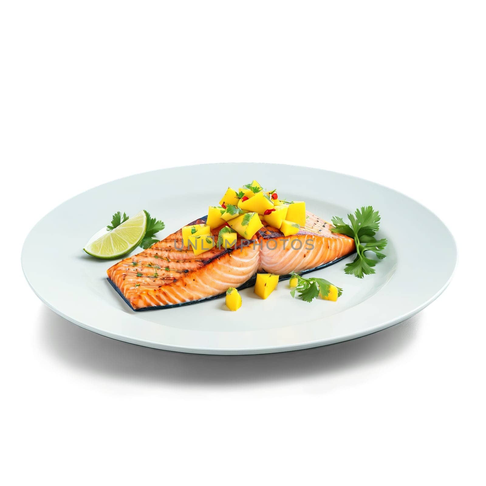 Grilled salmon with a mango salsa cilantro and lime wedges on a clear plate Summer by panophotograph